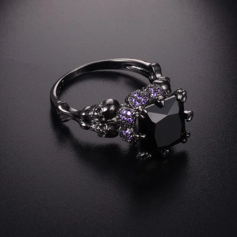

Punk Jewelry Skull 10KT Black Gold ring Demon Princess 4CT Black Simulated Diamond Cocktail Bands Ring for Women Men