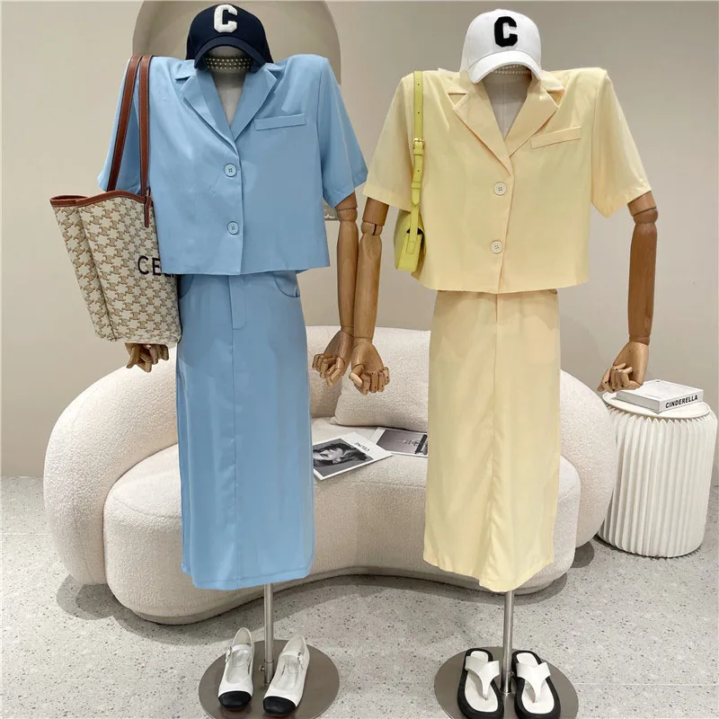 

Niche Design New Women's Clothing Summer 2021 Fashion Short Sleeve V-neck Short Coat Slim Skirt Suit Two Piece Set