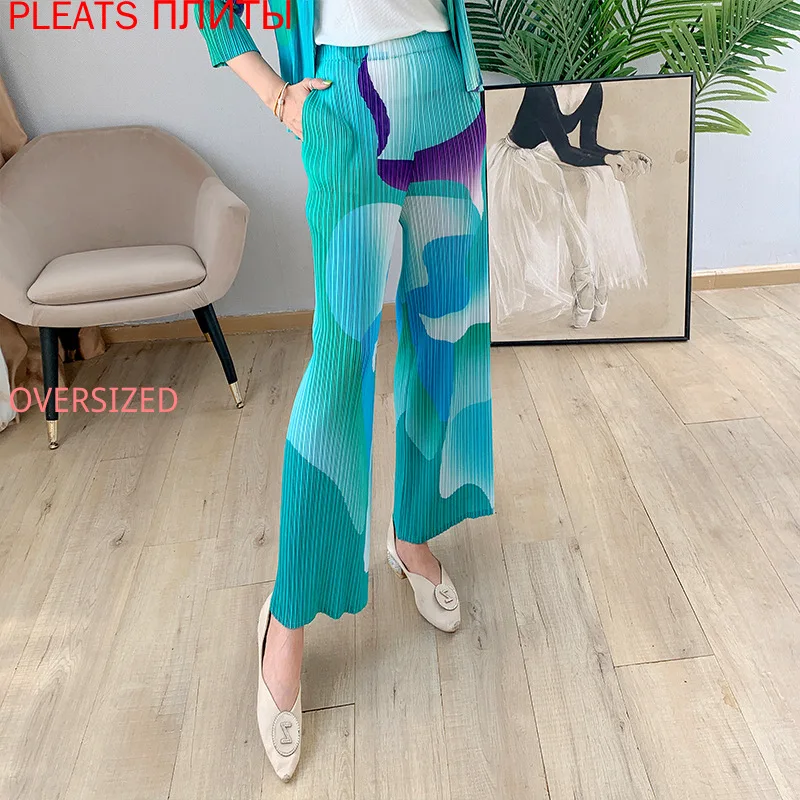 

Женские плиссированные брюки Miyake, весенне-осенние брюки с широкими штанинами и принтом, повседневные свободные плиссированные брюки