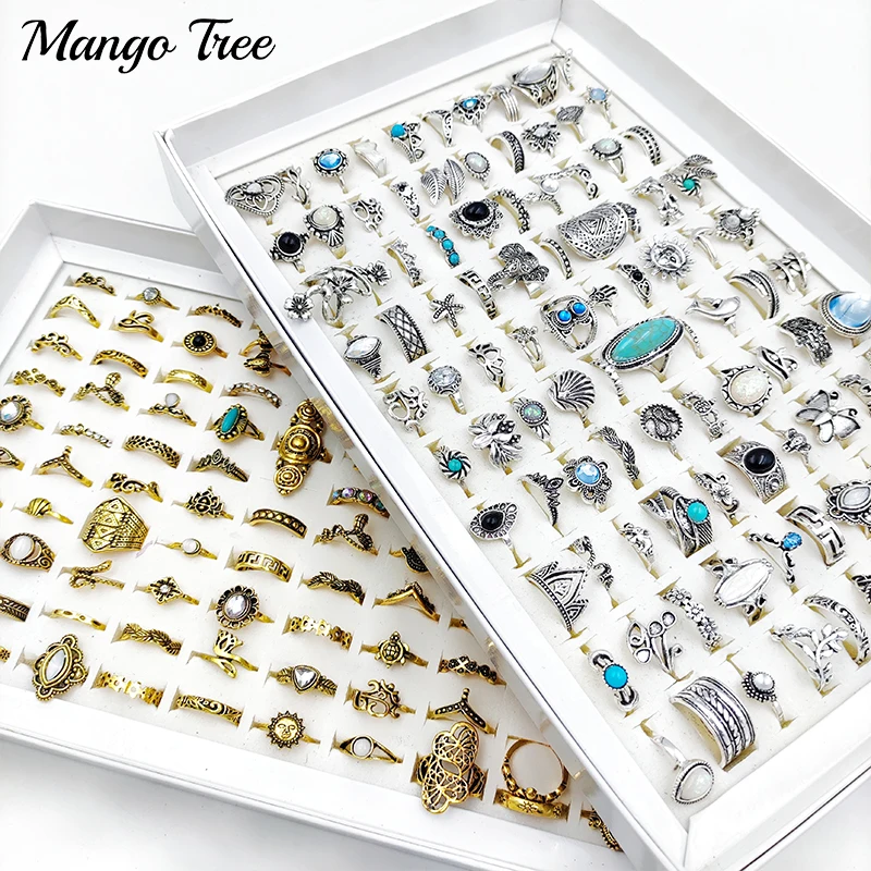 Wholesale 50/100 Pcs/Lot Vintage Bohemia Ring Golden Silver Plated Mix Style Ethnic Tribe Finger Rings For Women Jewelry Party