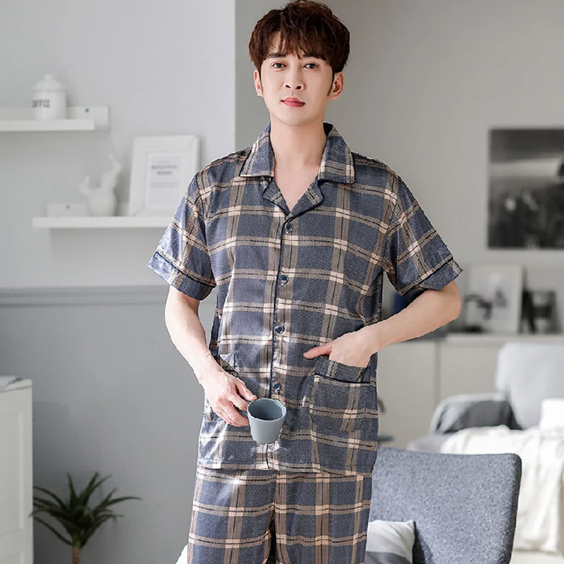Новая летняя мужская Шелковая пижама с имитацией ледяной шелковой клетчатой