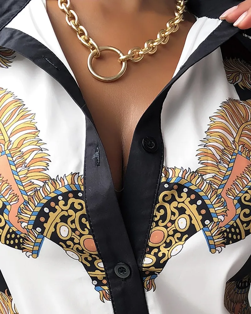 

Scarf Print Button Design Long Sleeve Shirt Women Turn-down Collar Casual Tops