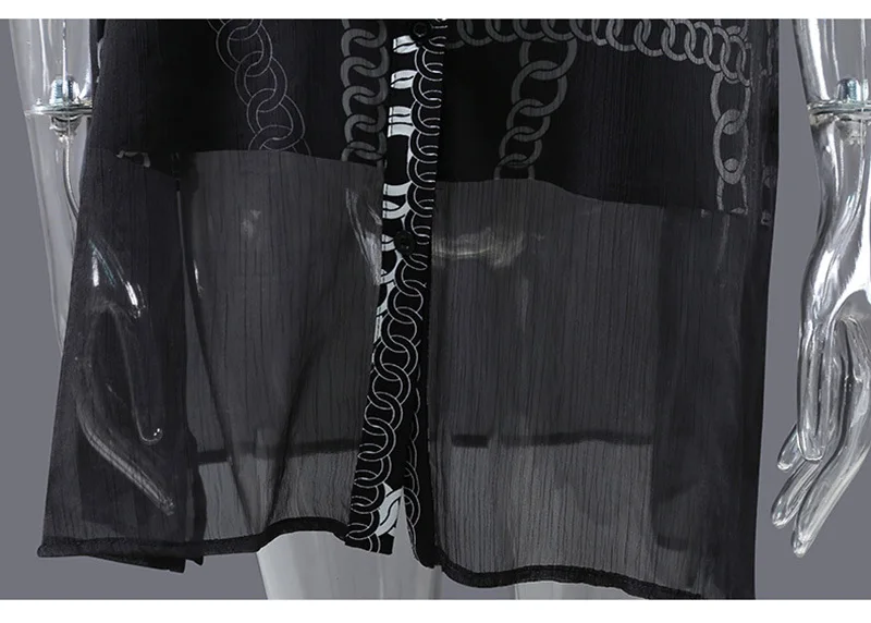 

[EAM] Women Black Big Size Printed Chiffon Blouse Stand Neck Short Sleeve Loose Fit Shirt Fashion Spring Summer 2021 1DD8852