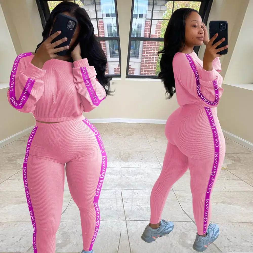 

Fashion Solid Color Letter Long-Sleeved T-Shirt Trousers Two-Piece Casual Round Neck Jogging Sports Suit Women Regular