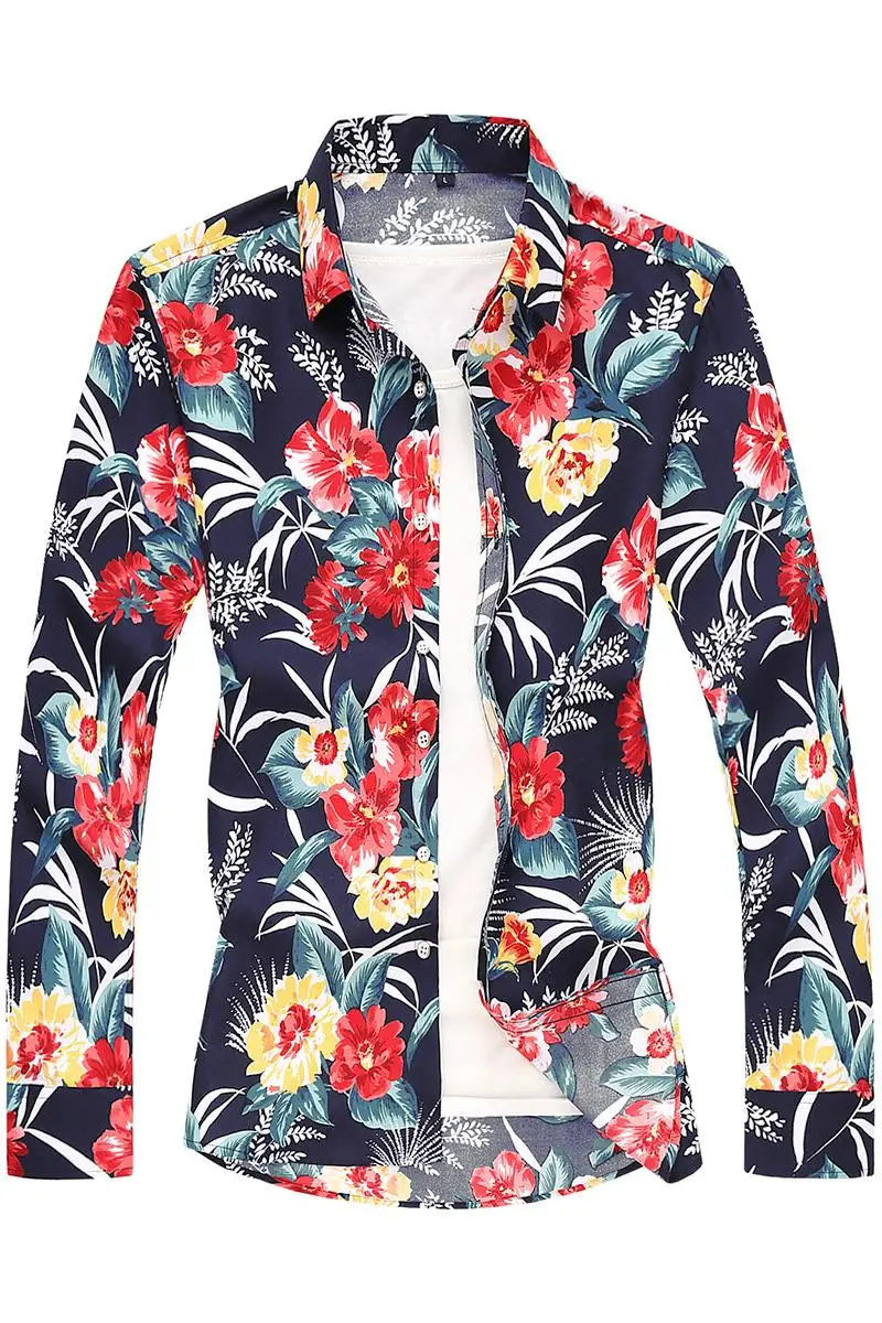 

7XL 6XLHawaiian Shirts for Men Plus Size Shirts Men Dress Flower Print Shirt Turn Down Collar Long Sleeve Shirts Men Male Camisa