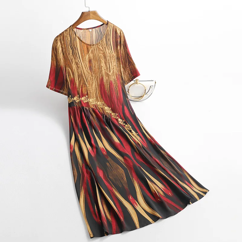 

2021 Women Spring Summer Vintage Dresses Female Striped O-neck Short Sleeve Silk Pleated Vestido Lady Casual Plus Size Dress K07