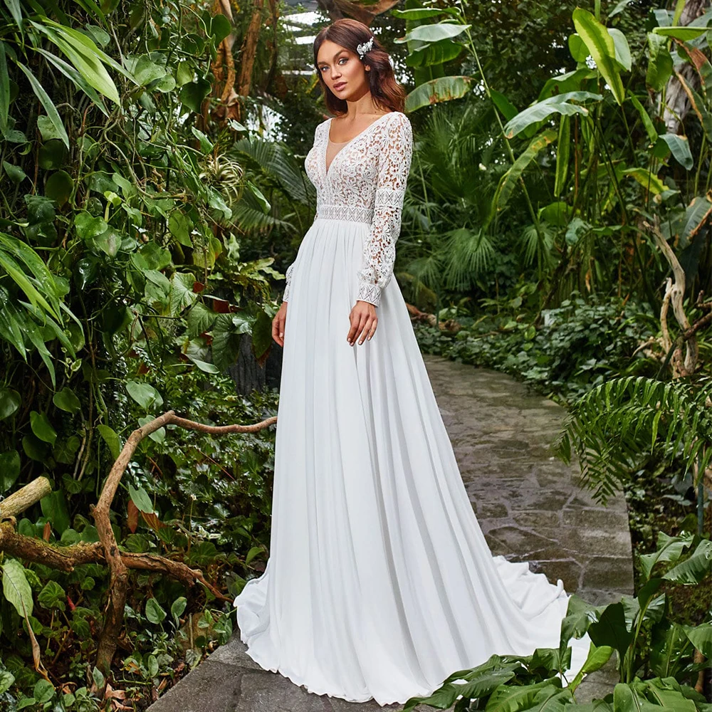 

Plus Size Chiffon Wedding Dress 2021 Boho Scoop Neck Sweep Train Lace Long Sleeve A Line Bridal Gowns