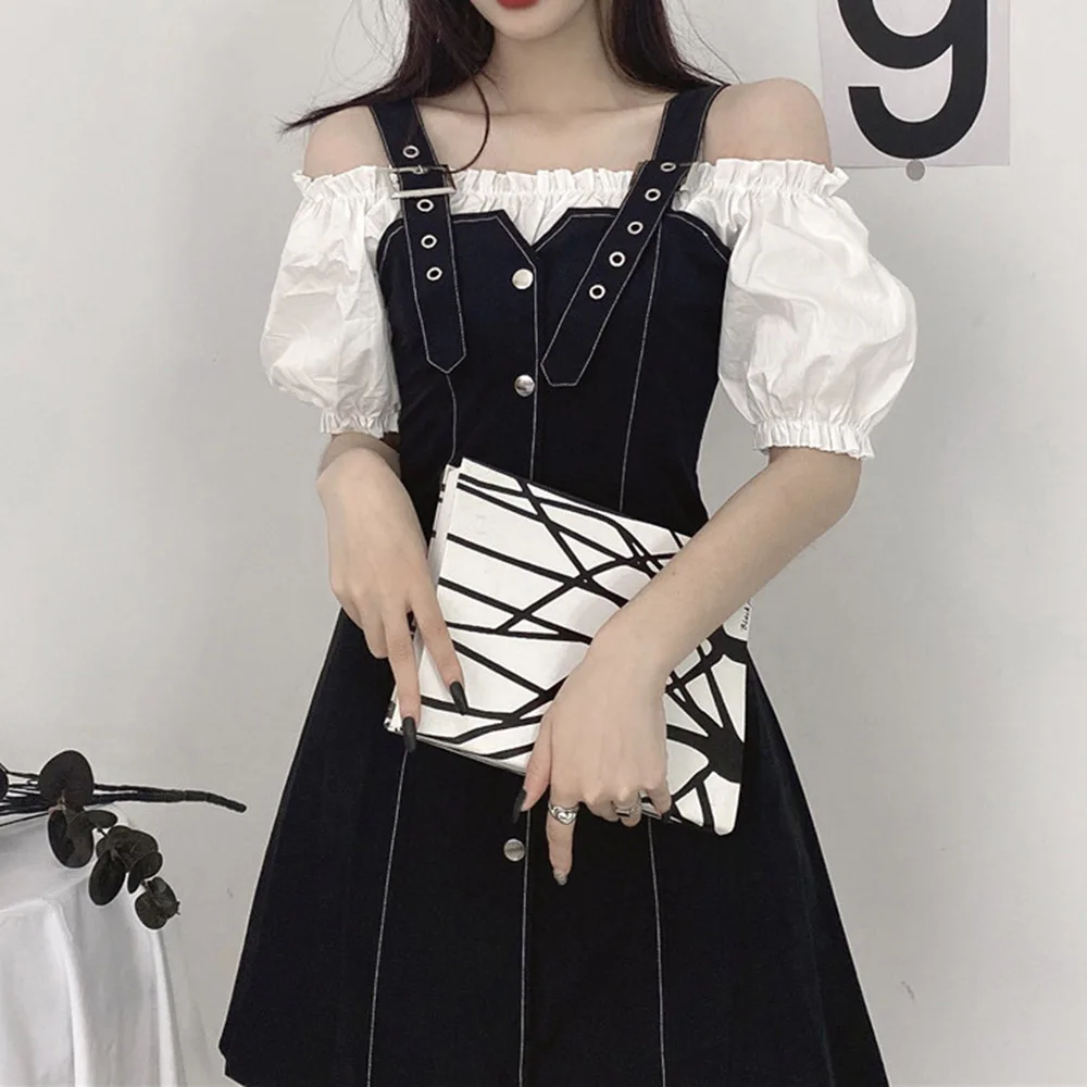 

Gothic Dress Summer Dress 2021 Fashion Hipster Popular Designer Thin Fake Two Splicing One Shoulder Puff Sleeve Single-breasted
