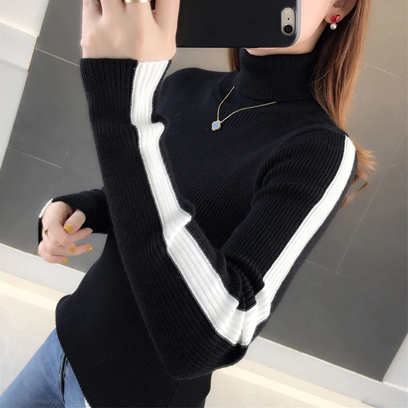 

High Neck Long Sleeve Pullover Panel With New Autumn And Winter 2021 Fashion Slim Fit Striped Knitted Women'S Sweater