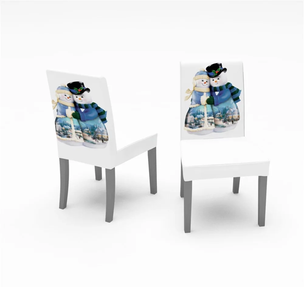 Рождественский декоративный чехол на стул стрейчевый со снеговиком для
