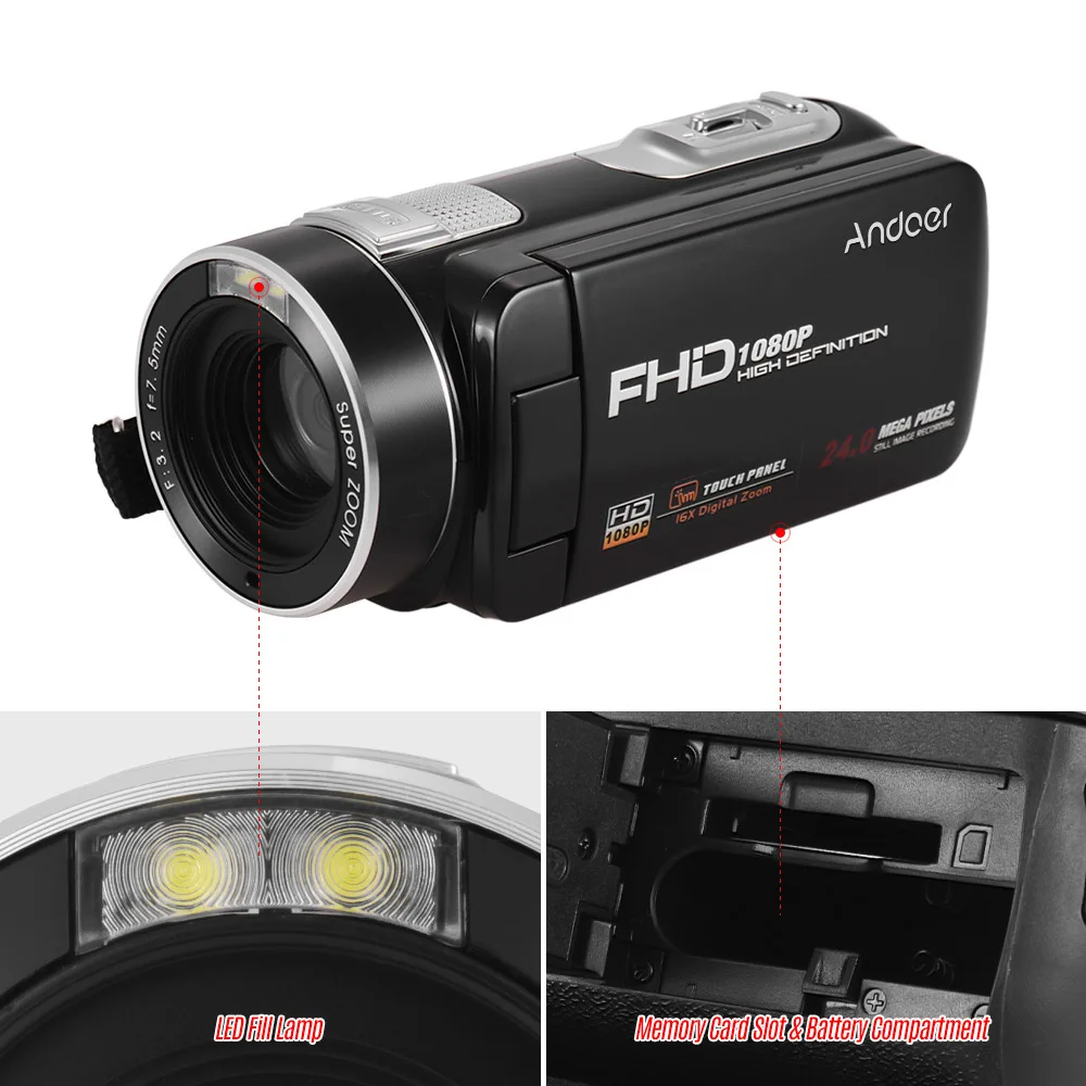 Andoer Portable FHD 1080P Digital Video Camera Camcorder DV Recorder 24MP 16X Zoom Supports Anti-shake Remote Control | Электроника