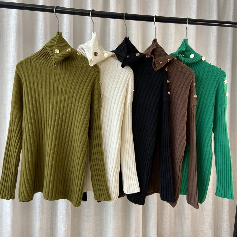 

Women's Turtleneck Sweater Autumn Thick Design Metal Side Buckle Bottoming Sweater All-Match Fashionable Top
