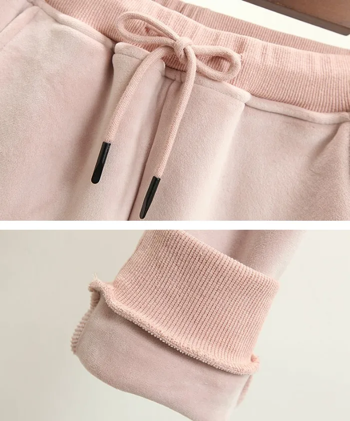 

New Autumn and Winter Women Students Letter Embroidered Plus Velvet Thicken Gold Velvet Hoodies Top with Hood + Casual Trousers