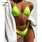 Сексуальный неоновый желтый купальный костюм для женщин, Холтер, пуш-ап, бикини, набор, высокая одежда для плавания, однотонный купальный костюм, купальный костюм, бикини