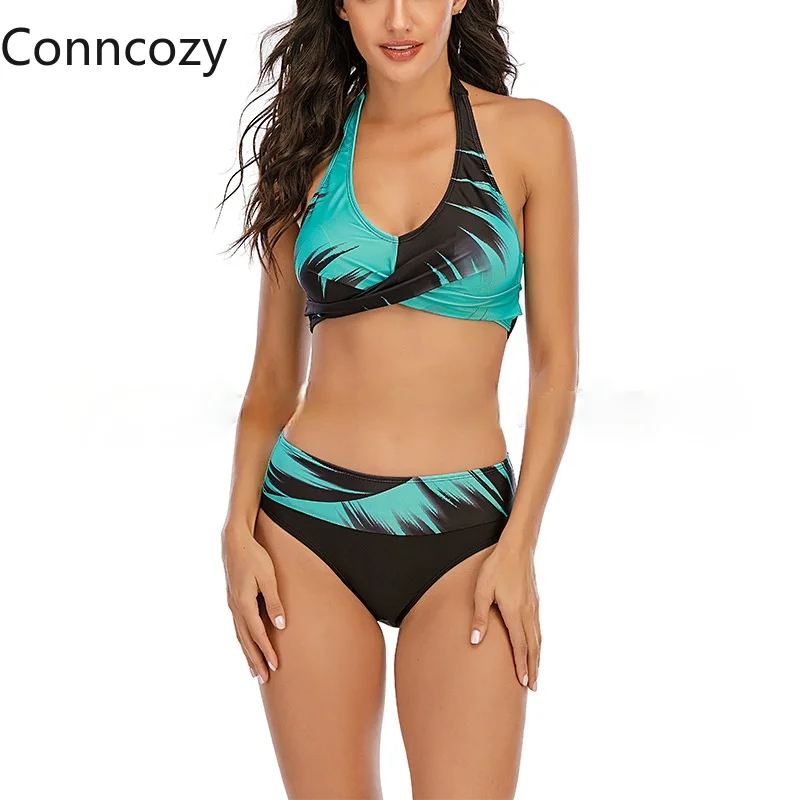 

S-8XL Plus Size Swimsuit Beach Halter Bathing Suits Woman Lace-up Brazilian Bikini Set Green Print Sexy Swimwear Thong Beachwear