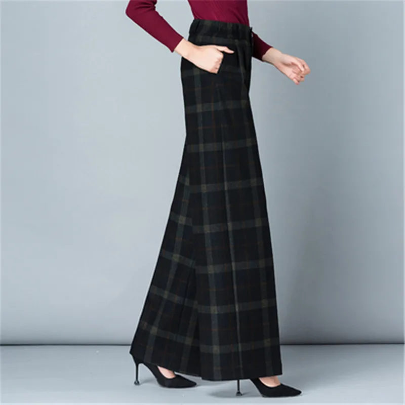 

Autumn Winter Women Wide Leg Pant High Waist Flare Pants Plus Size 3XL 4XL Warm Print Woolen Fashion Plaid Pants Women A5031