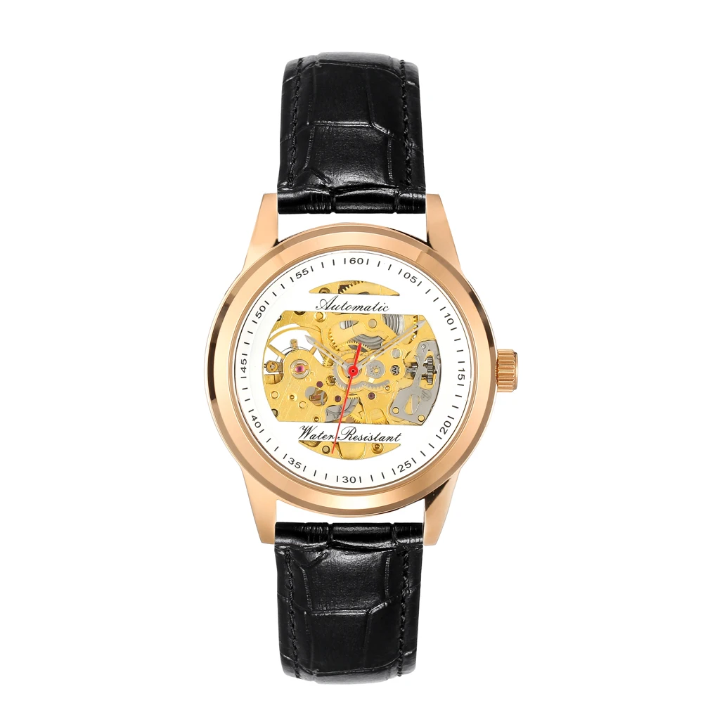 Часы-скелетоны Мужские механические золотые водонепроницаемые до 30 метров |