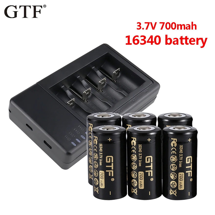 

GTF 16340 Battery 3.7V 700mah CR123A LI-ion Rechargeable Batteries for LED Flashlight Toy with Smart USB Battery Charger CR123