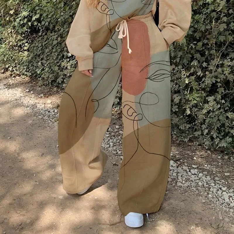 

Kalenmos Casual Round Neck and Loose Print 2-piece Set of Slim Straight Trousers Streetwear Spring + Slim-fitting Elegant Blouse