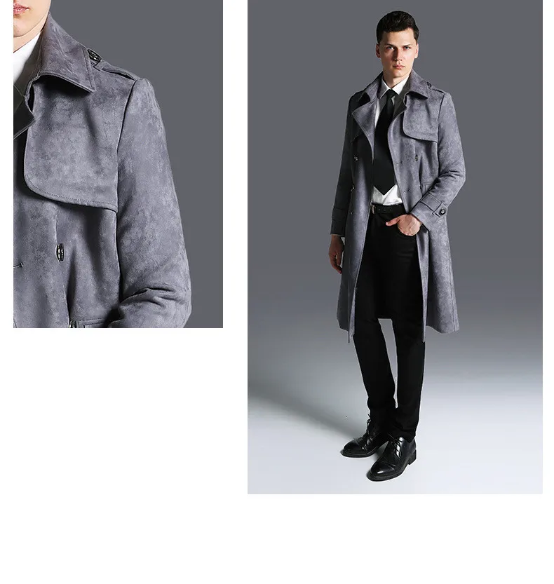 Plus Size Winter Long Jacket Men Suede Windbreaker Mens Black Leather Trench Coat Slim Cloak Male Outerwear Long Coat 5XL 6XL