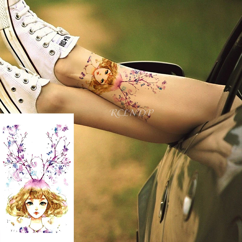 

Водонепроницаемый Временные татуировки-наклейки мультяшная красивая девушка воды, с цветными вставками с цветочным узором; Новая мода под...