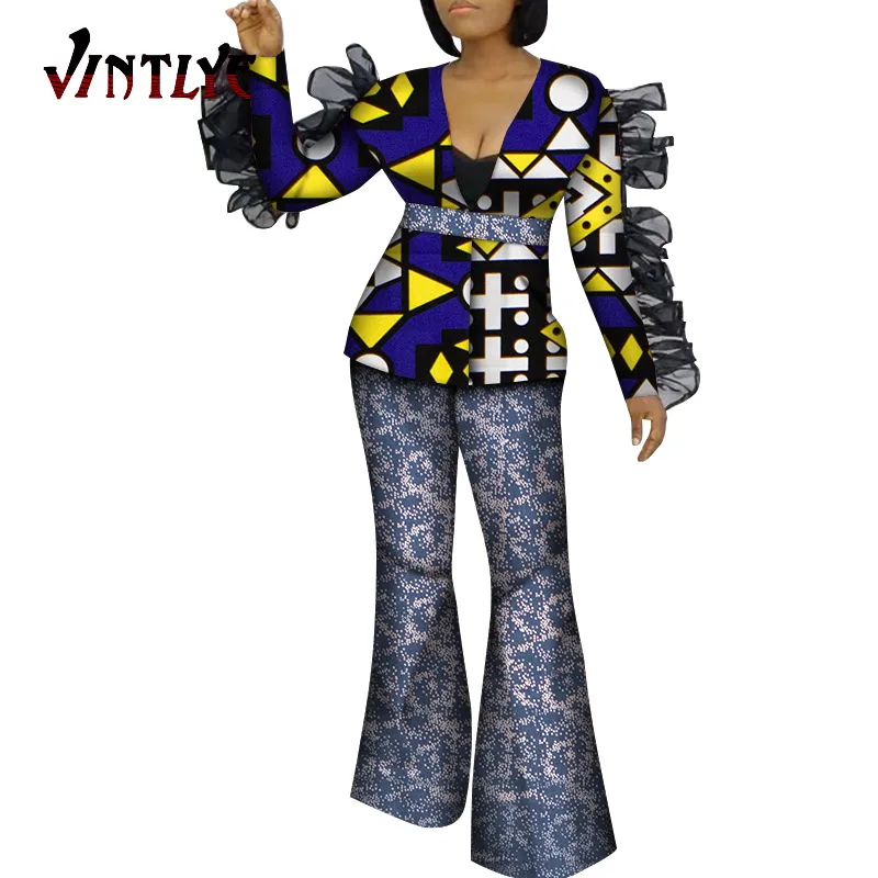 

Африканский комплект для женщин из 2 предметов Дашики женский костюм с принтом Топ пальто и длинные брюки женская одежда в африканском стил...