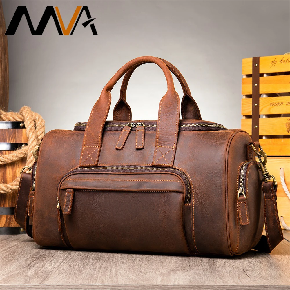 MVA Crazy Horse Leather Travel Bag Men Big Real Leather Luggage Bags Travel Shoulder Bags Male Vintage Duffel Bag Mens Crossbody