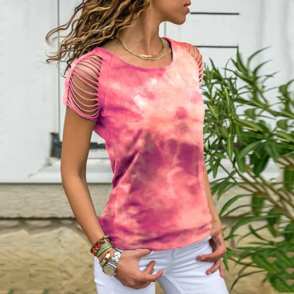 

New Summer Women s T Shirts Harajuku Print O Collar Dye Casual Y2k Top Fashion Korea Retro Cotton Knitted Short Sleeve Clothing
