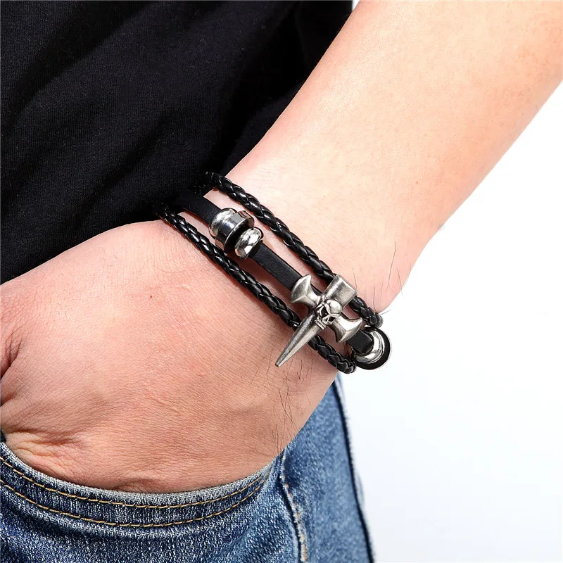 2020 винтажный кожаный браслет Мужская мода череп многослойный вязаный манжета в
