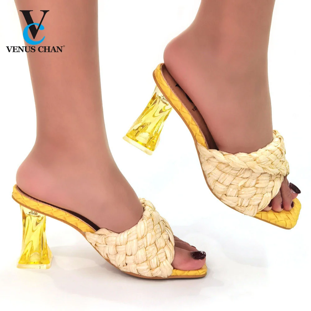 

Slippers Newest Women Summer 2021 Fashion Open Toe High Heel Party Shoes Solid Turned-Over Edge Cross-Tied sandalias de mujer