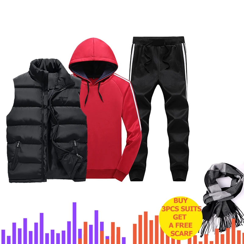 Комплект из 3 предметов с капюшоном, мужские спортивные костюмы, мужской зимний утепленный спортивный костюм, 3 предмета, куртка с меховым капюшоном+ флисовые толстовки+ штаны, мужской костюм - Цвет: Black Red ZH301