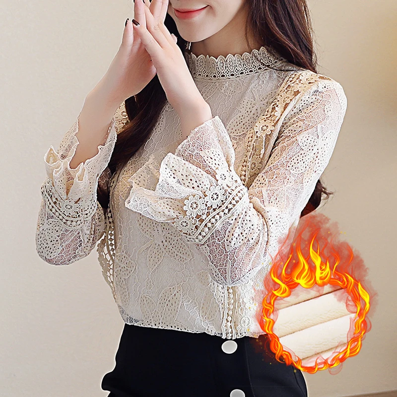 2020 модные весенние теплые флисовые женские рубашки с длинным рукавом Кружевная