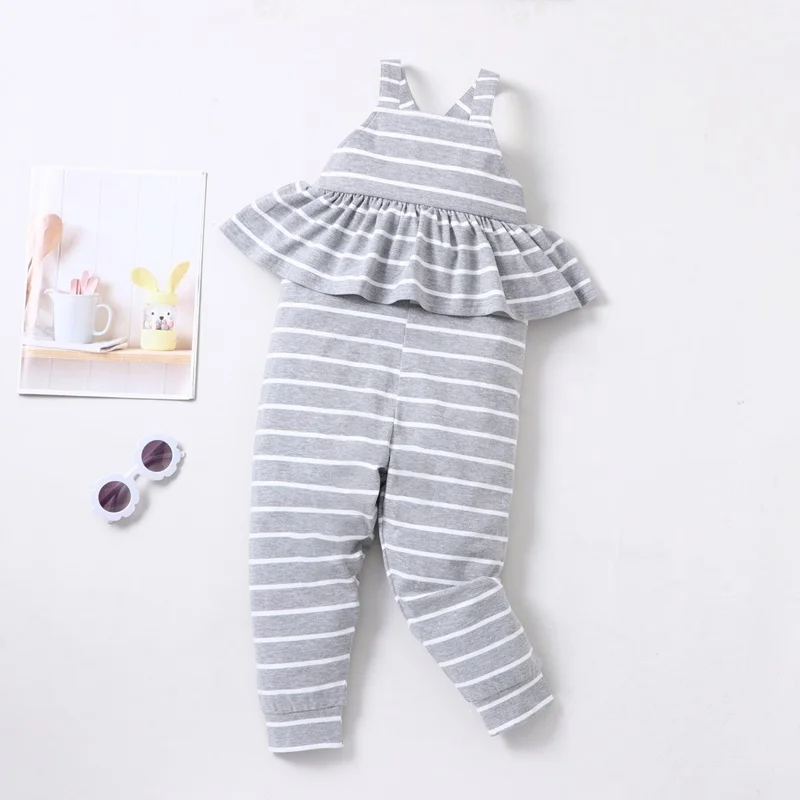 

New Baby Girl Romper Summer Cotton Casual Home Striped Ruffles Sleeveless Strap Kids Jumpsuits Baby Playsuits Kids Clothes 1-6Y