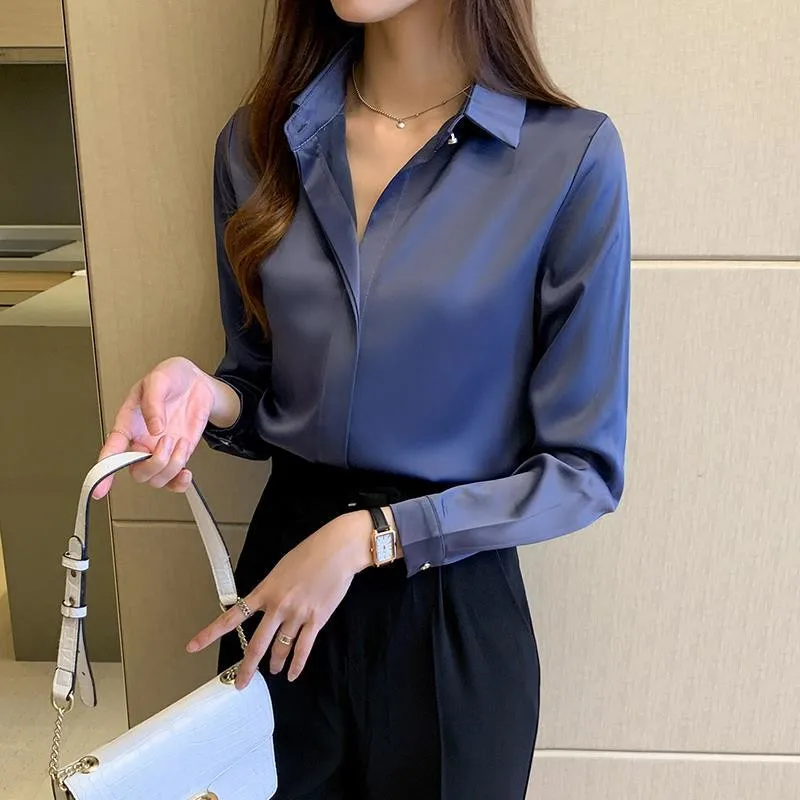 S-3XL Plus Size Women Shirts White Blue Long Sleeve Office OL Shirt Lady Satin Blouse Tops Woman Basic Top Mujer Female Tunic