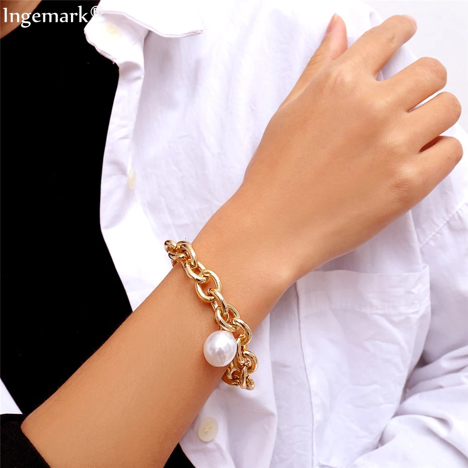 Ingemark Bohemian Imitation Pearl Pendant Bracelet Bangle Women Wedding Accessories Punk Heavy Thick Chain Bracelet Steampunk