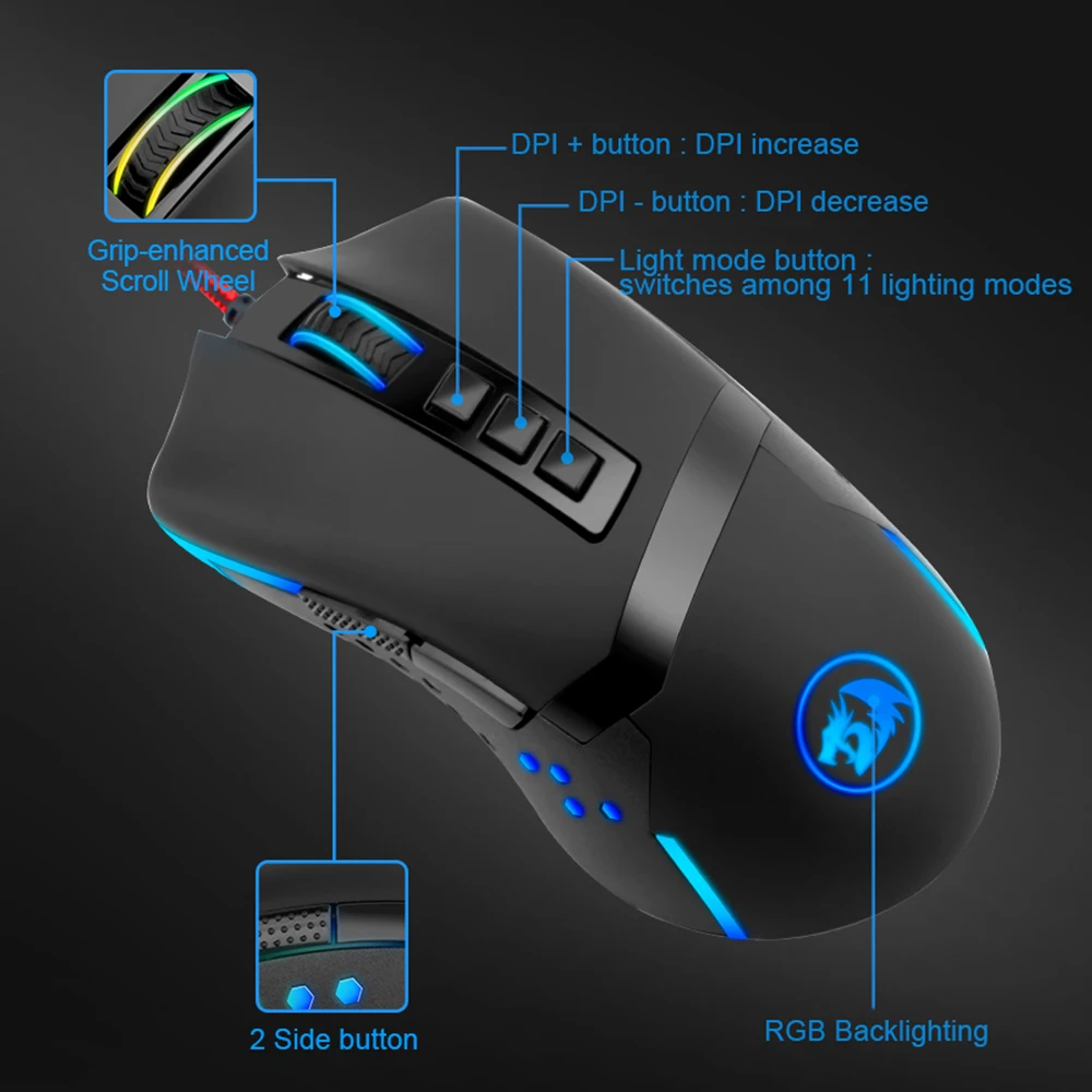 Игровая мышь Redragon M712 RGB USB проводная 10000DPI 9 Кнопок эргономичная для настольного