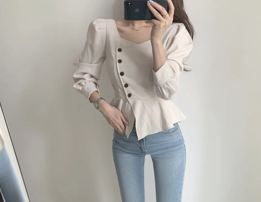

Korean Chic Women blouse Single breasted High-waisted Ruffle Tops Puff sleeve Office lady shirt