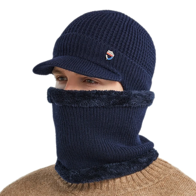 

Men Winter 2Pcs Set Visor Brim Earflap Beanie Hat with Circle Scarf Knitted Thicken Plush Lined Skull Cap Neck Warmer