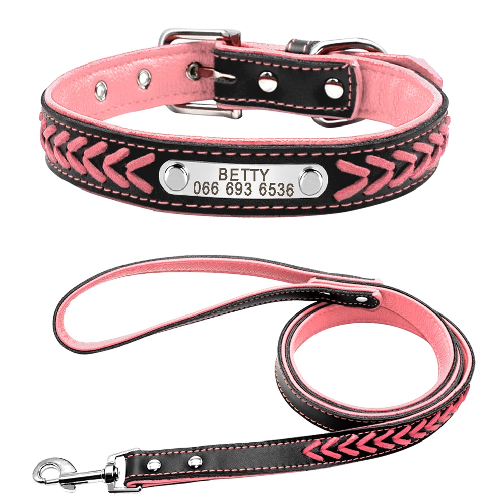 Pink Set Кожаный ошейник для собак Плетеный персоанзсид ID бирка ошейники именная табличка индивидуальный ошейник для домашних животных кожаные поводки с карабином - Цвет: Pink Set