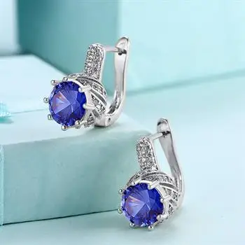 

K gold zircon earrings, blue round diamonds, romantic earrings, ear clips, women's white gold KZCE157-C-1 KZCE157-C-2