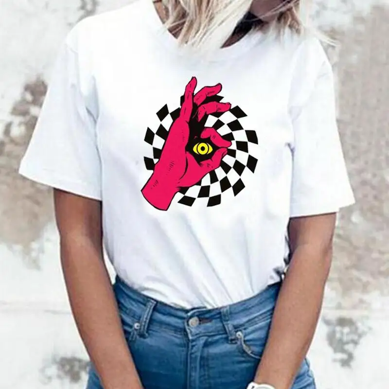 

Summer Short Sleeve Fashion Tee Shirt Femme Cotton Casual T-shirt Funny Eye Hand Peeking Gaze T Shirt Women Tops Camiseta Mujer