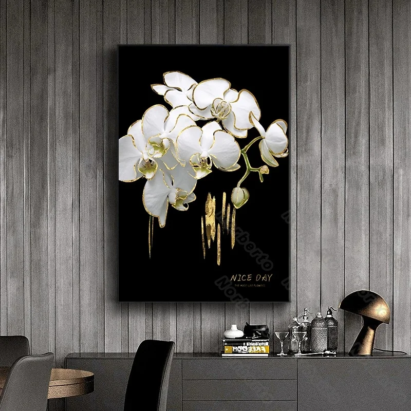 

European Style Canvas Painting Poster and Print Realistic White and Golden Art Flowers Pattern for Home Rooms Wall Decoration