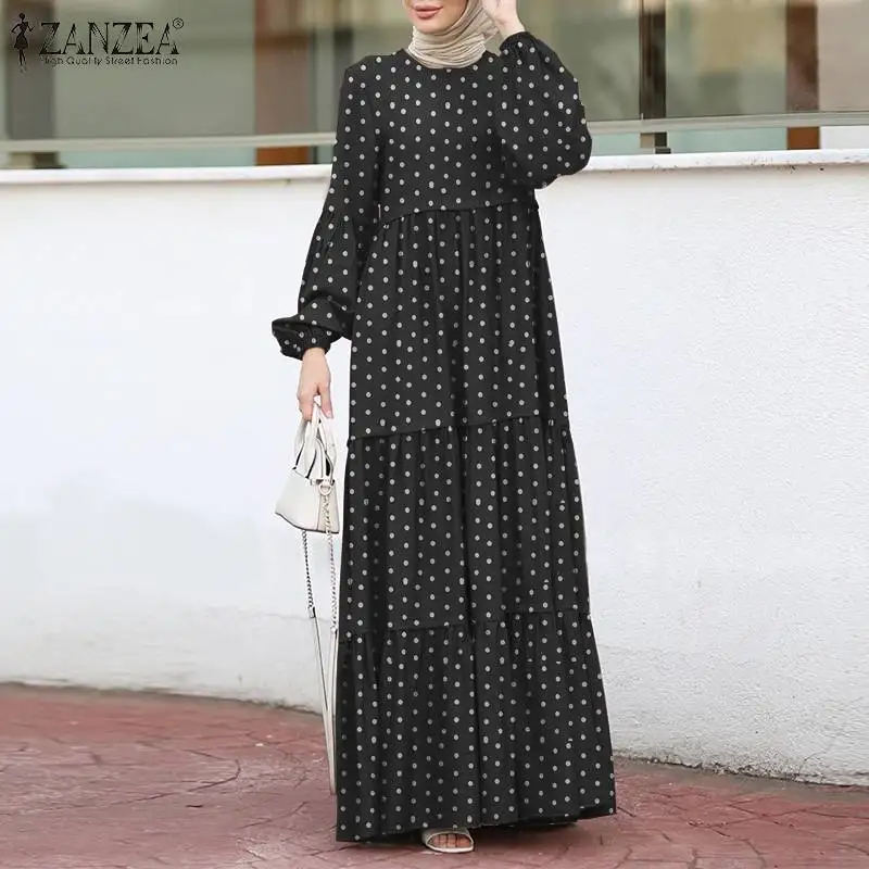 

Elegants Muslim Long Maxi Dress ZANZEA 2021 Stylish Polka Dot Puff Long Sleeve Robe Dubai Abaya Turkey Hijab Kafta Dress S-5XL