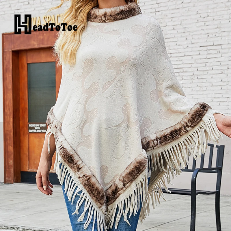 

Plush Neck Colorblock Tassel Design Knitted Ponchos & Capes Women Casual Shawl Cloak Tops