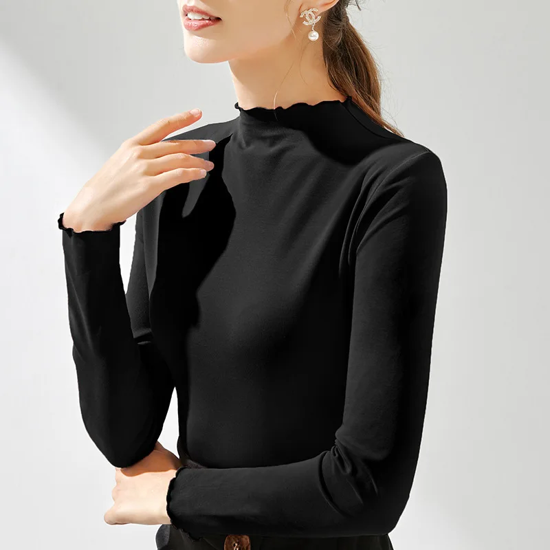 

Half high collar bottomed shirt with ear edge for women in autumn and winter with long sleeve T-shirt basic bottomed cotton