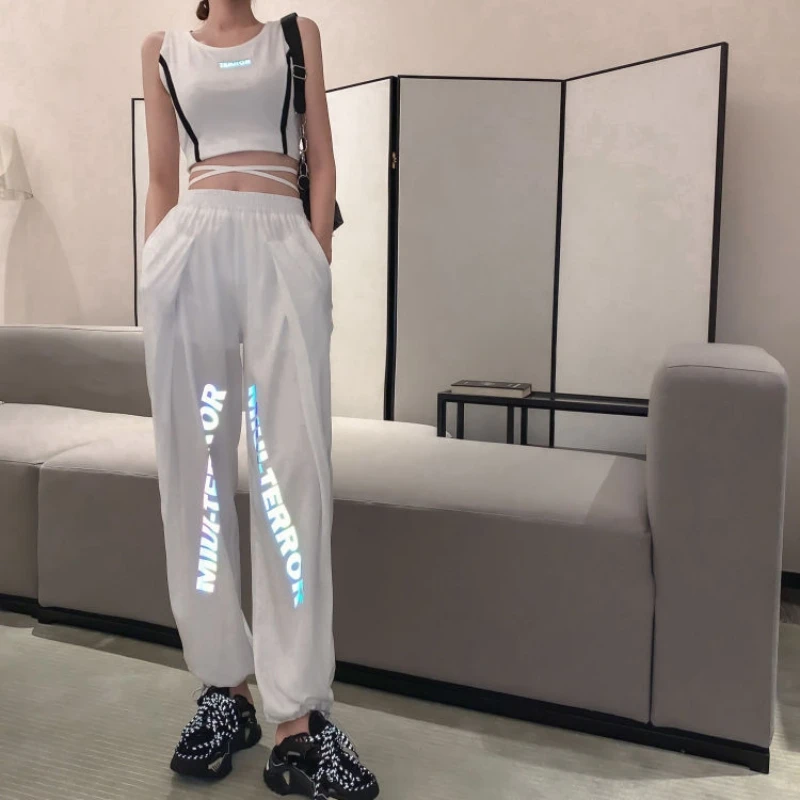 

two piece sports set women summer fashion cotton reflective letter bandage sleeveless vest tops beam feet harem pants suit