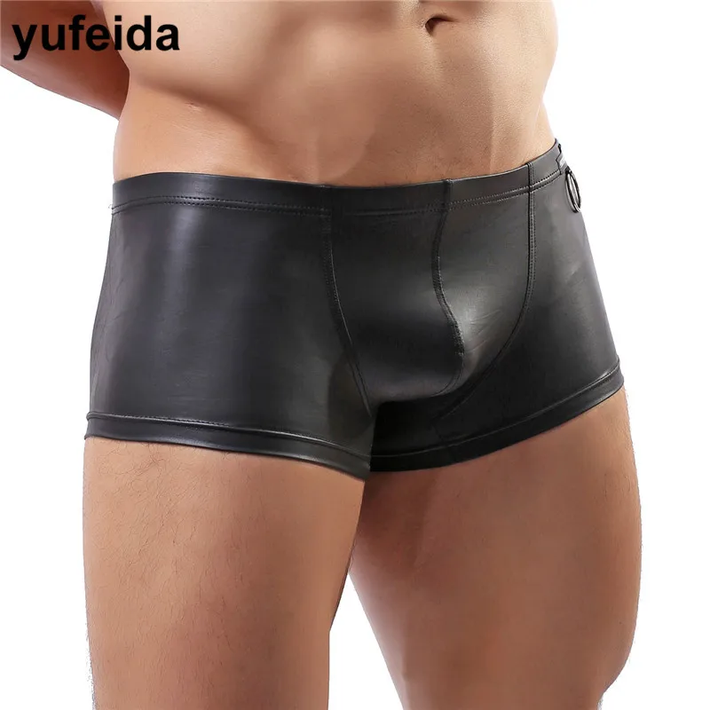 

Sexy Mens Boxers Black Faux Leather Boxer Shorts Trunks Underpants Mens Underwear Boxers Exotic Jockstraps Male Panties Pouch