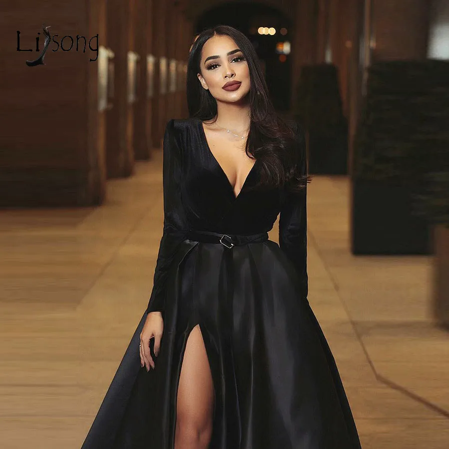 

2019 Saudi Arabic Black High Side Split A-ling Prom Dresses Full Sleeves Modest Long Prom Gowns Vestido Longo Festa