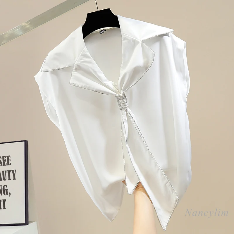 Pull-over ample sans manches avec strass pour femme, joli haut de bureau, style décontracté, nouveau tempérament