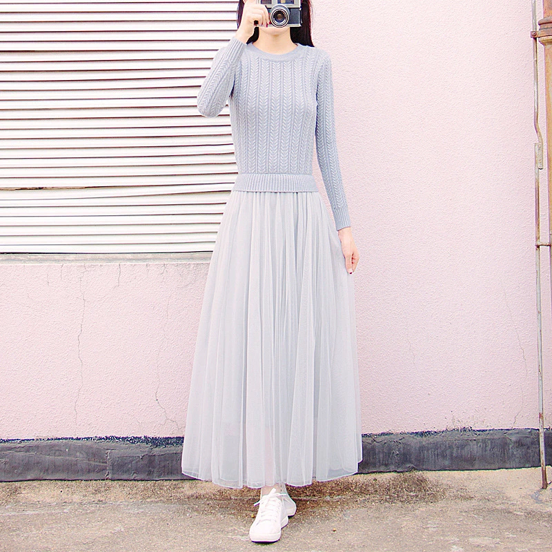 Элегантное платье-свитер женское осенне-зимнее платье вязаное с длинным рукавом